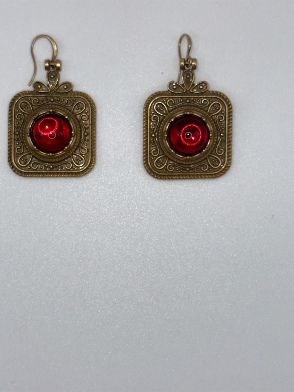 Fashion Jewelry Gold-Tone Square Drop Earrings with Red Cabochons